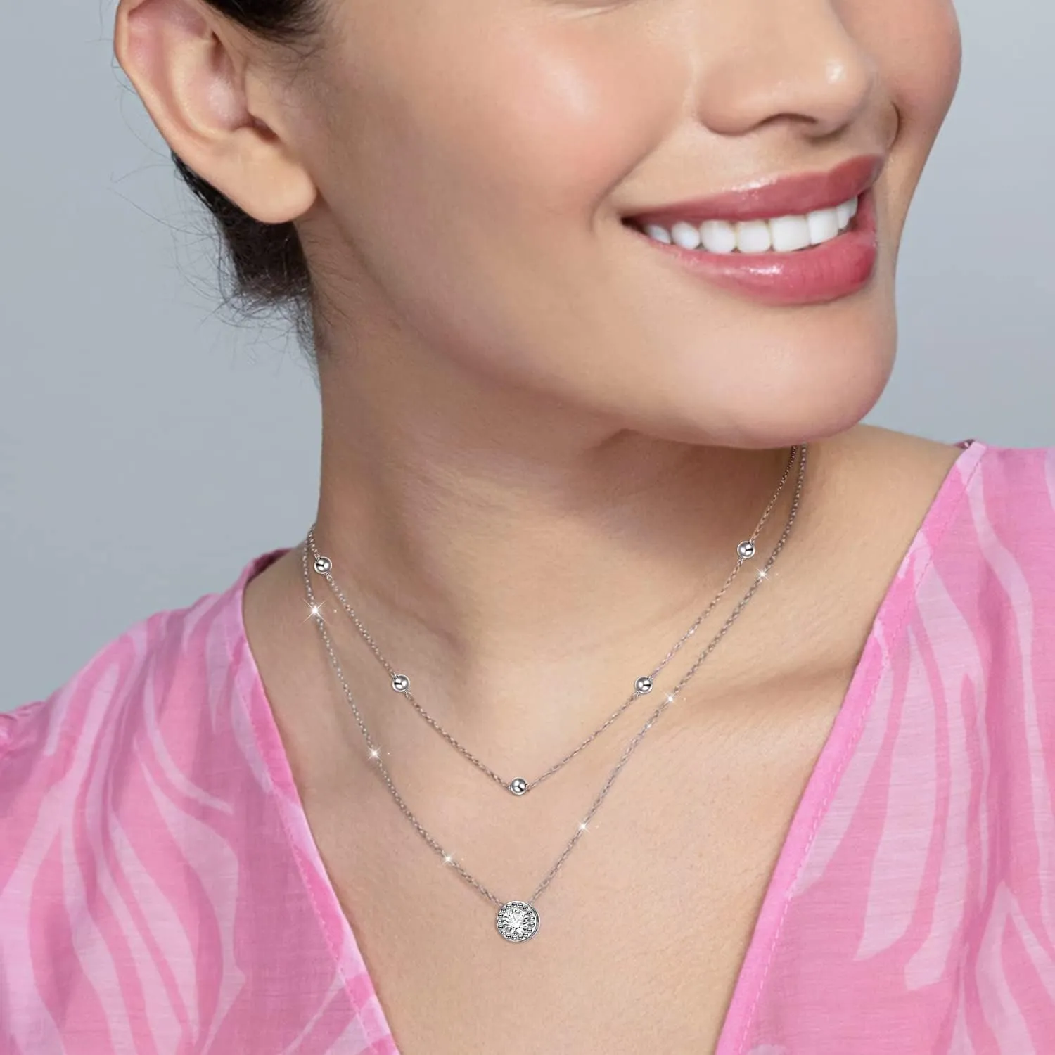 FLYOW Clavicle Choker Necklace for Women Sterling Silver Solitaire Cubic Zirconia Short Necklace Simple Beads Chain Birthday Christmas Gifts for Women Mother Wife