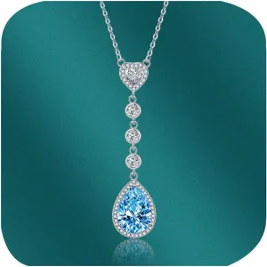 FLYYQMIAO Water Drop Shaped Cubic Zirconia Heart Pendant Necklace for Women 925 Sterling Silver Diamond Pave Heart Charm Infinity Love Heart Pendant with Birthstone Crystals Pendant Necklace (Blue)