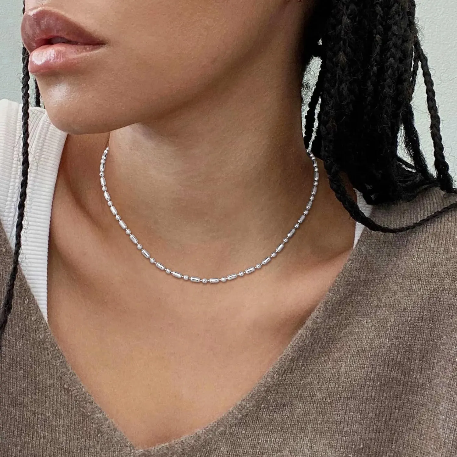 FOCALOOK Choker Necklace for Women Dainty 14K Gold Plated Double Layered Necklace Silver Black Metal Satellite Beaded Boho Choker Chain