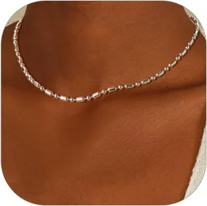 FOCALOOK Choker Necklace for Women Dainty 14K Gold Plated Double Layered Necklace Silver Black Metal Satellite Beaded Boho Choker Chain