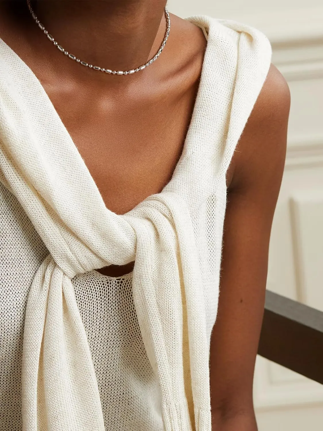 FOCALOOK Choker Necklace for Women Dainty 14K Gold Plated Double Layered Necklace Silver Black Metal Satellite Beaded Boho Choker Chain