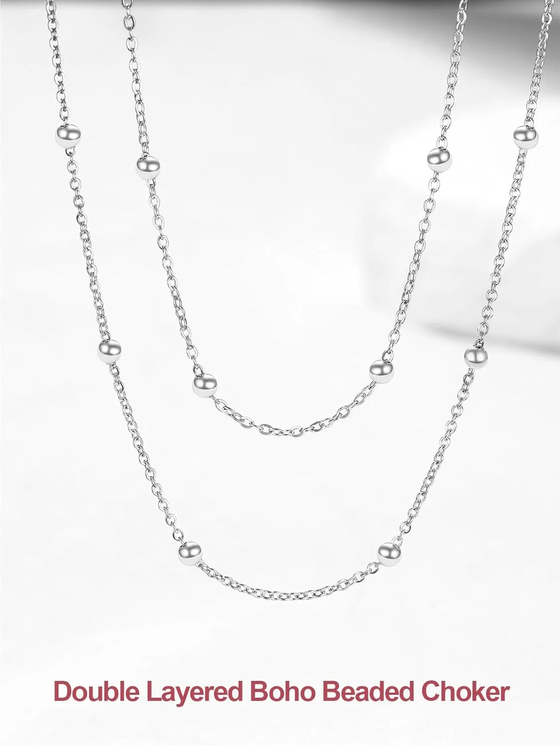 FOCALOOK Choker Necklace for Women Dainty 14K Gold Plated Double Layered Necklace Silver Black Metal Satellite Beaded Boho Choker Chain