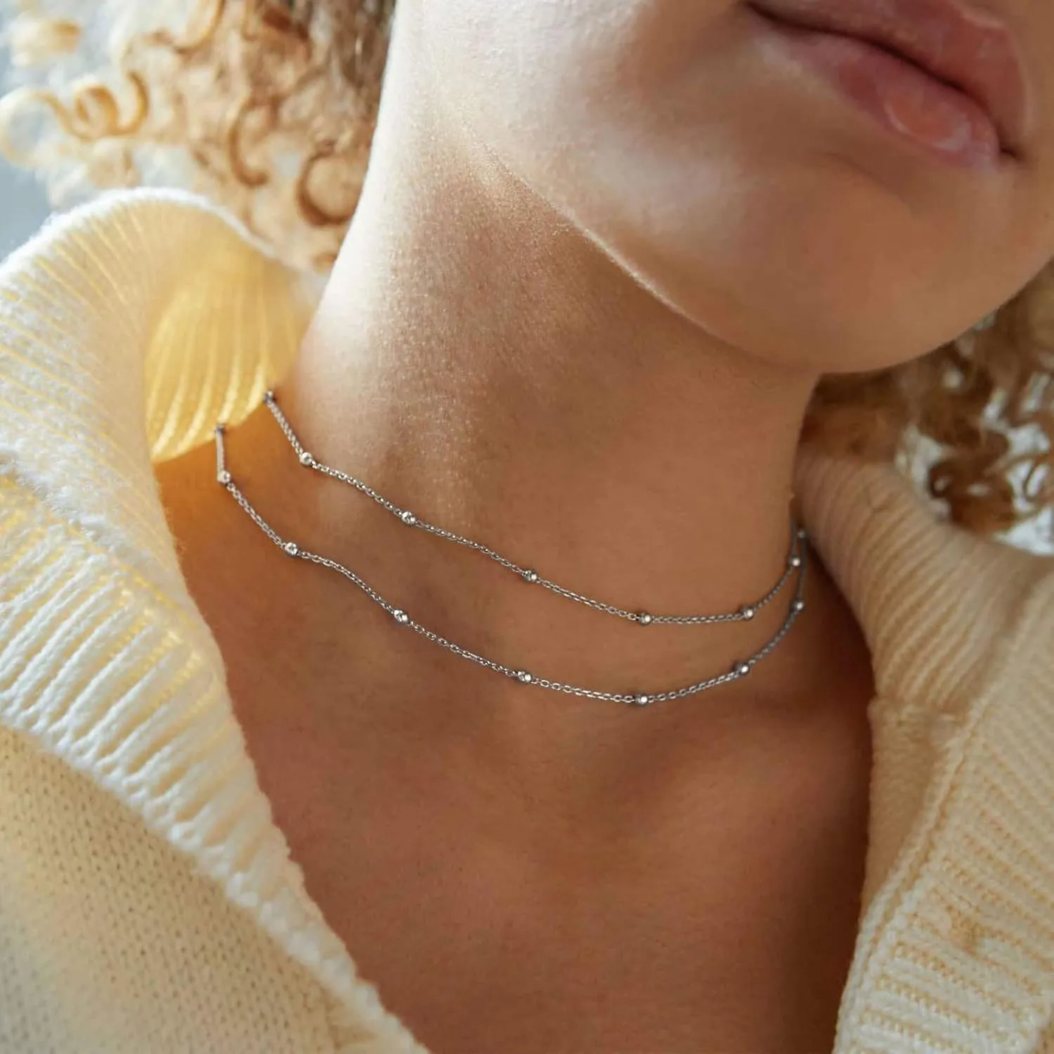FOCALOOK Choker Necklace for Women Dainty 14K Gold Plated Double Layered Necklace Silver Black Metal Satellite Beaded Boho Choker Chain