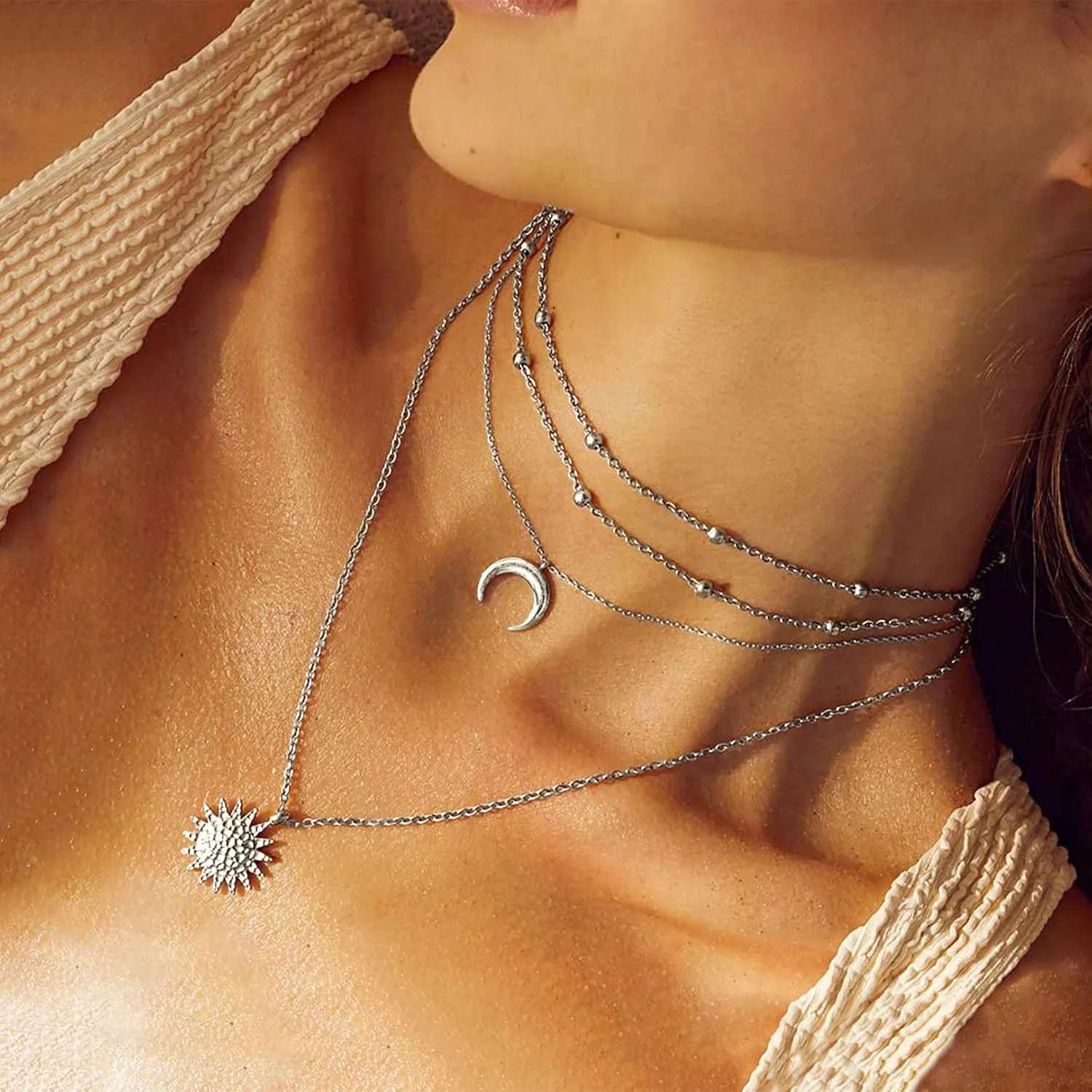 FOCALOOK Choker Necklace for Women Dainty 14K Gold Plated Double Layered Necklace Silver Black Metal Satellite Beaded Boho Choker Chain