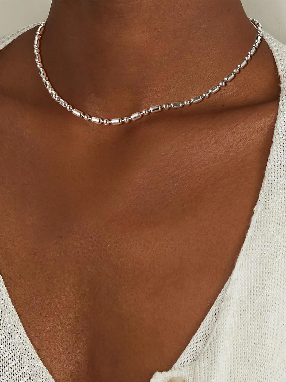 FOCALOOK Choker Necklace for Women Dainty 14K Gold Plated Double Layered Necklace Silver Black Metal Satellite Beaded Boho Choker Chain