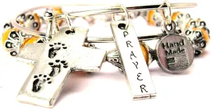 Footprints and Prayer Yellow Crystal Bracelet with Adjustable Wire Bangle Set, 2.5"