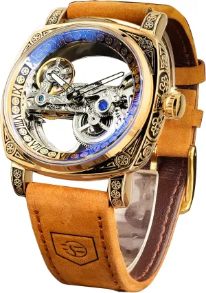 FORSINING Men's Luxury Square Carving Mechanical Watch, Retro Totem Double Sided Hollow Skeleton Self-Wind Automatic Watches, Vintage Leather Strap Wristwatch Reloj para Hombre