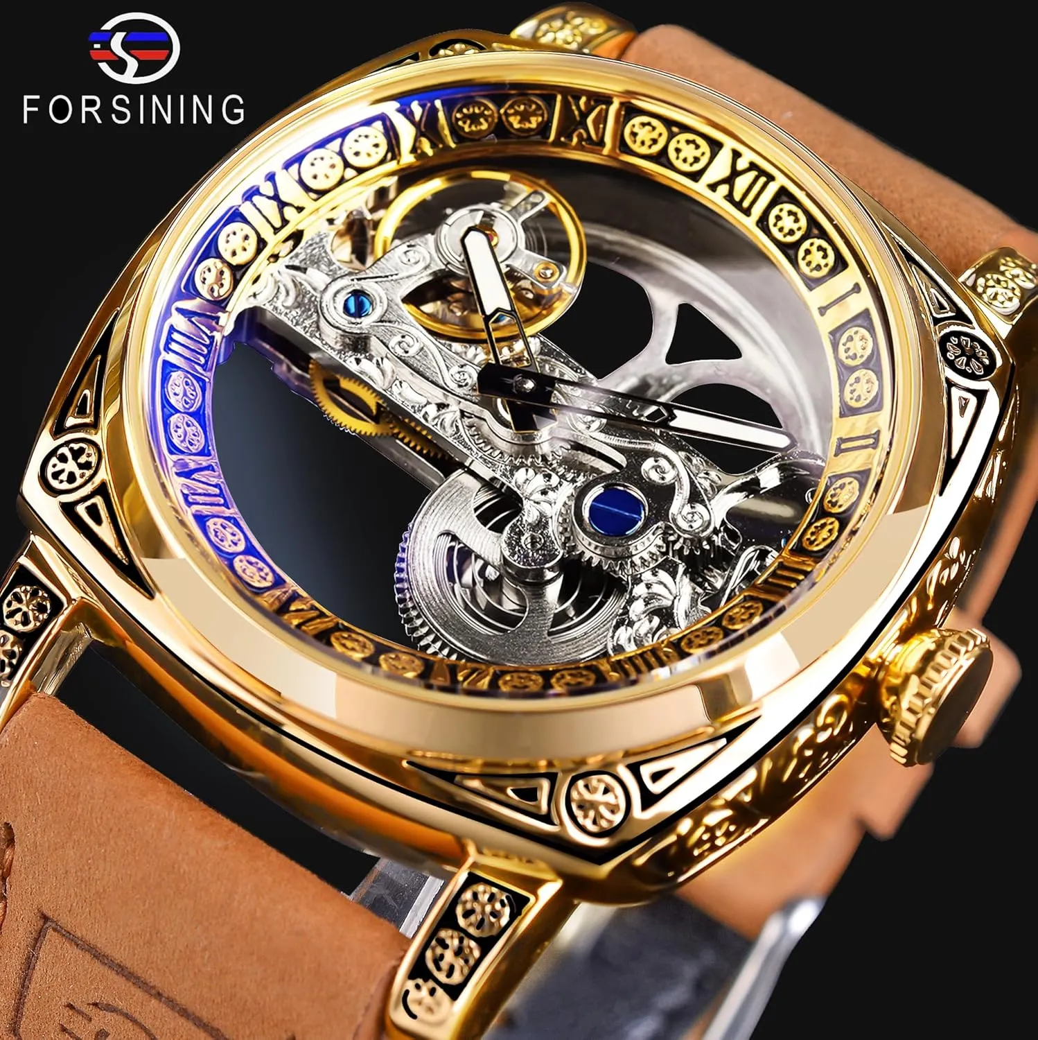 FORSINING Men's Luxury Square Carving Mechanical Watch, Retro Totem Double Sided Hollow Skeleton Self-Wind Automatic Watches, Vintage Leather Strap Wristwatch Reloj para Hombre