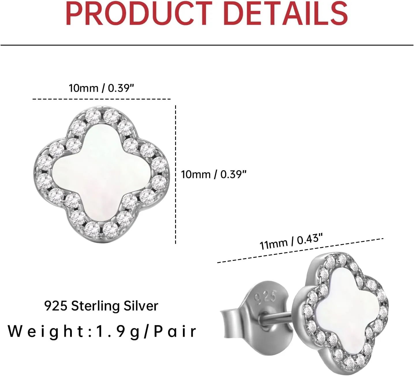 Four Leaf Clover Earrings 925 Sterling Silver for Women,Stud Earrings Jewelry with Black Onyx and Mother of Pearl,Elegant Gift for Her