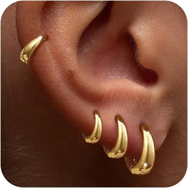 Foxgirl 4 Pairs Chunky Small Huggie Hoop Earrings for Women - Dainty 14K Gold/Sterling Silver Plated Hypoallergenic Lightweight Stack Earring Sets for Multiple Piercing Trendy Jewelry