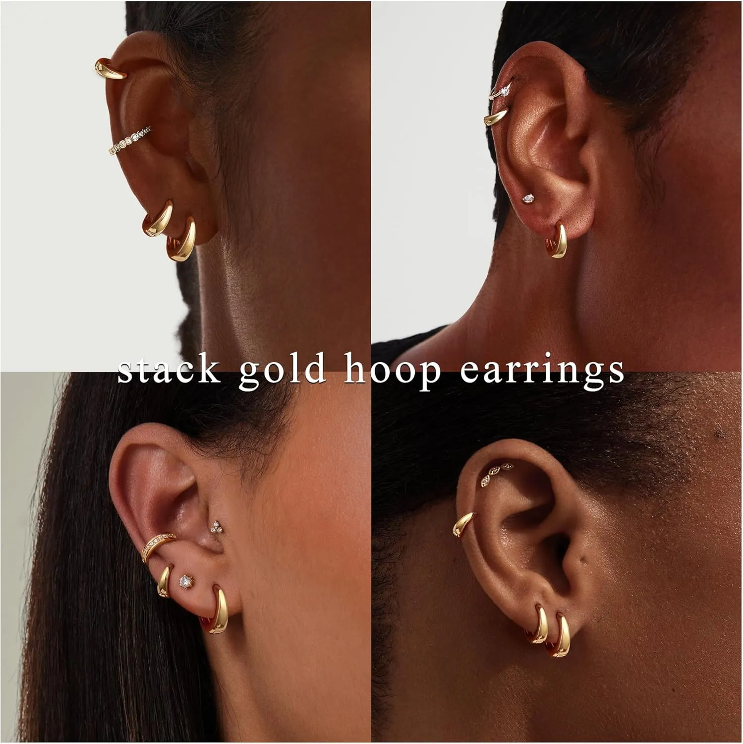 Foxgirl 4 Pairs Chunky Small Huggie Hoop Earrings for Women - Dainty 14K Gold/Sterling Silver Plated Hypoallergenic Lightweight Stack Earring Sets for Multiple Piercing Trendy Jewelry