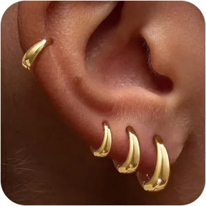 Foxgirl 4 Pairs Chunky Small Huggie Hoop Earrings for Women - Dainty 14K Gold/Sterling Silver Plated Hypoallergenic Lightweight Stack Earring Sets for Multiple Piercing Trendy Jewelry