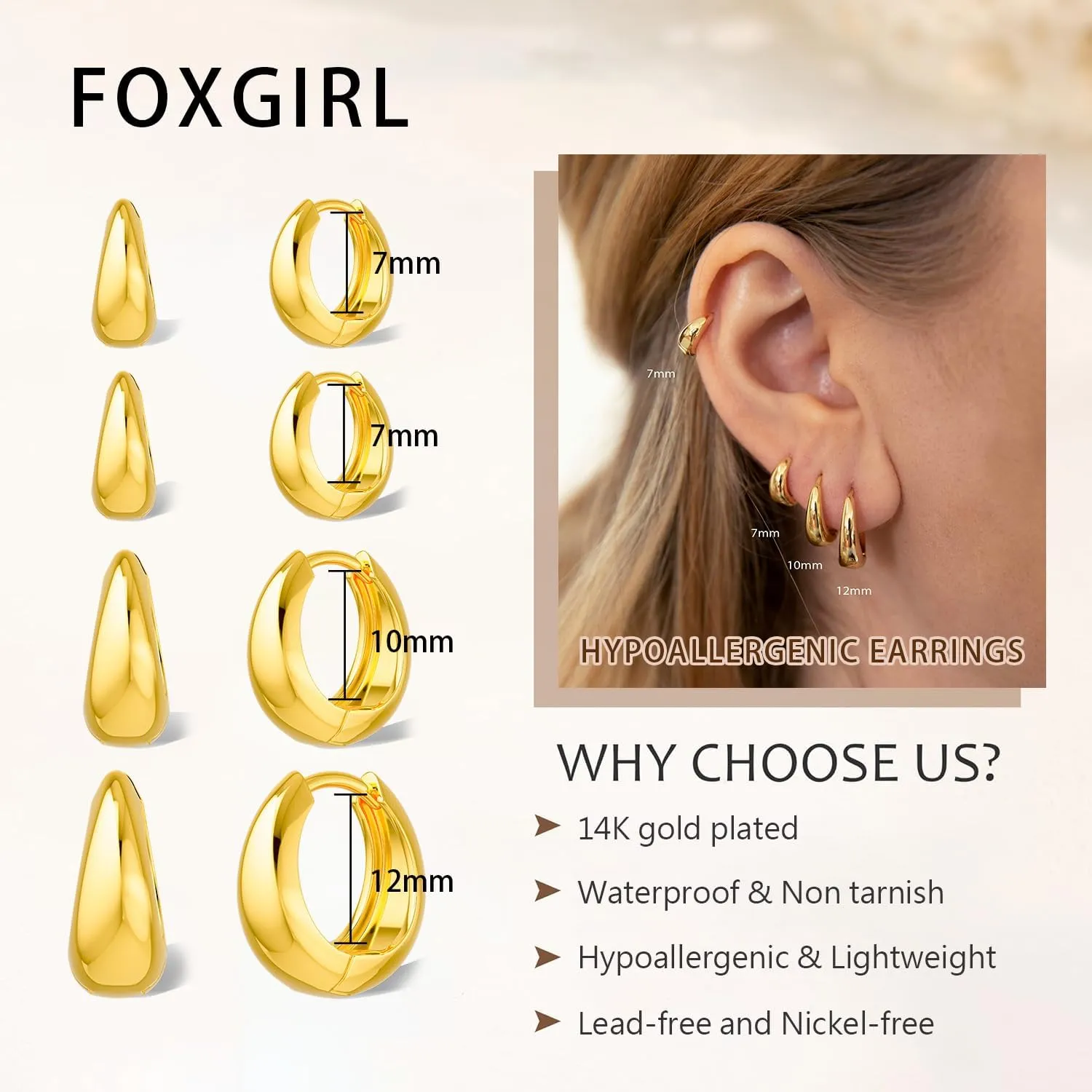 Foxgirl 4 Pairs Chunky Small Huggie Hoop Earrings for Women - Dainty 14K Gold/Sterling Silver Plated Hypoallergenic Lightweight Stack Earring Sets for Multiple Piercing Trendy Jewelry