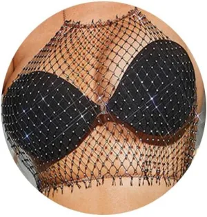 Foyte Crystal Mesh Body Chain Rhinestones Fishnet Crop Top Bra Cover Up Black Mesh See Through Tank Tops Nightclub Rave Chains Body Jewelry Accessories
