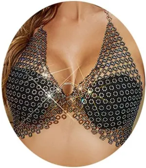 Foyte Crystal Mesh Body Chain Rhinestones Sexy Fishnet Crop Top Bra Cover Up Black Mesh See Through Tank Tops Nightclub Rave Chains Body Jewelry Accessories for Women(body-99)