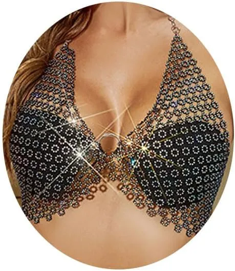 Foyte Crystal Mesh Body Chain Rhinestones Sexy Fishnet Crop Top Bra Cover Up Black Mesh See Through Tank Tops Nightclub Rave Chains Body Jewelry Accessories for Women(body-99)