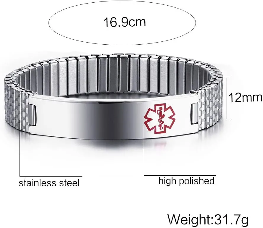Free Engraving-Unisex Stainless Steel Medical Alert ID Stretch Allergy Bracelet for Men and Women