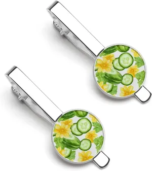 Fresh Cucumber Slices Flowers Tie Clips for Men 2 Pieces Silver Tie Bar Set Gift Ideas Clothing Accessories for Wedding Business