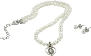 Fresh Water Pearl Necklace and Earring Set | Sterling Silver Heart Shaped Miraculous Medal or Cross Pendant | Great Christian Catholic Gift for First Communion