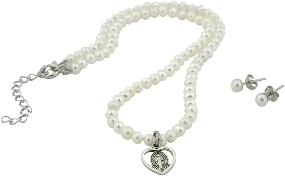 Fresh Water Pearl Necklace and Earring Set | Sterling Silver Heart Shaped Miraculous Medal or Cross Pendant | Great Christian Catholic Gift for First Communion