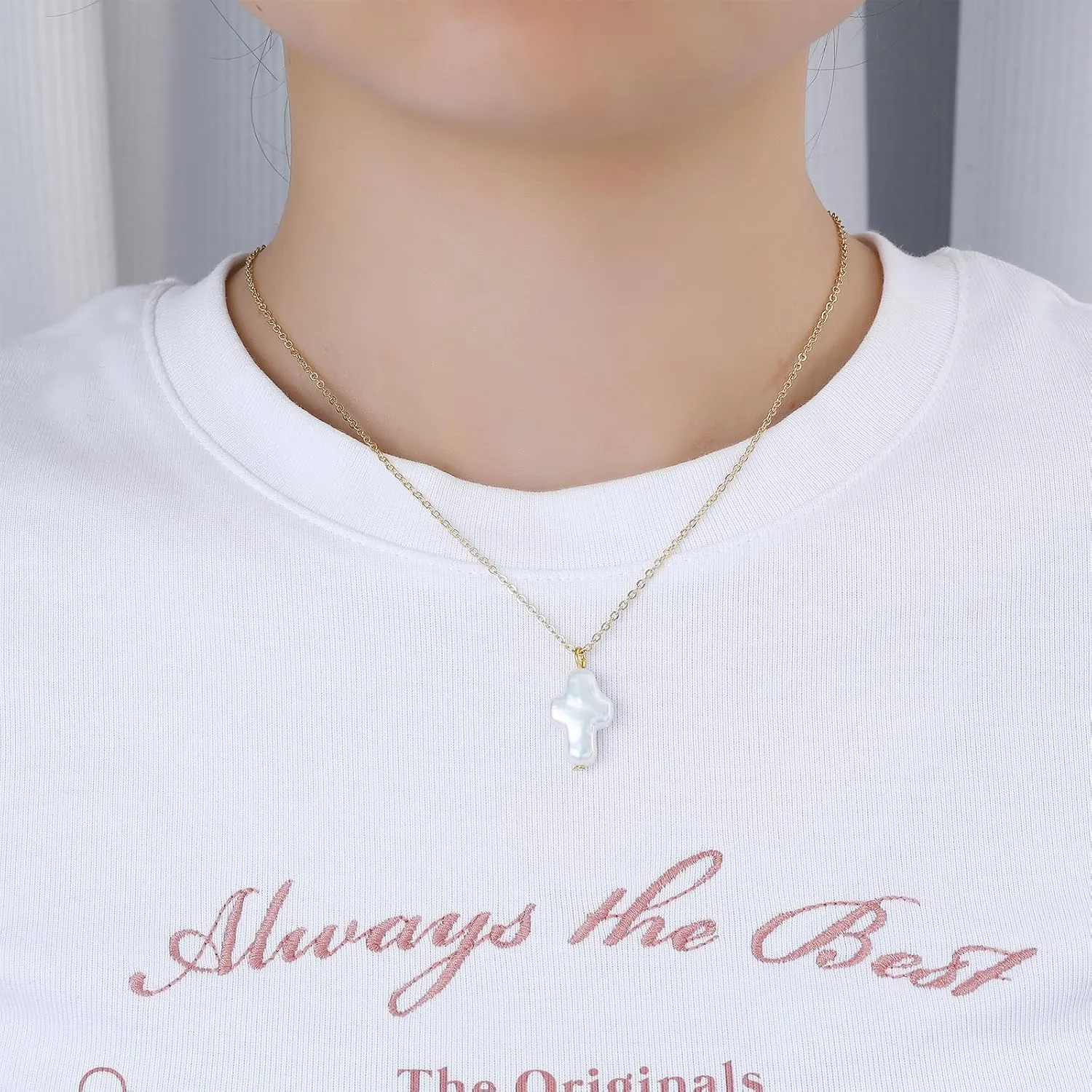 Freshwater Pearl Cross Necklace Women Dainty Single Baroque Pearl Pendant Fresh Water Pearl Necklace Gold