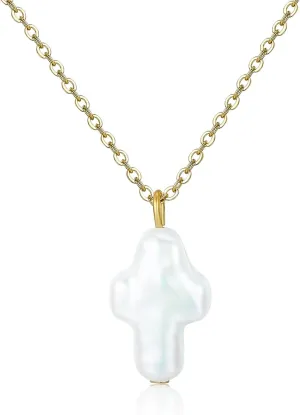 Freshwater Pearl Cross Necklace Women Dainty Single Baroque Pearl Pendant Fresh Water Pearl Necklace Gold