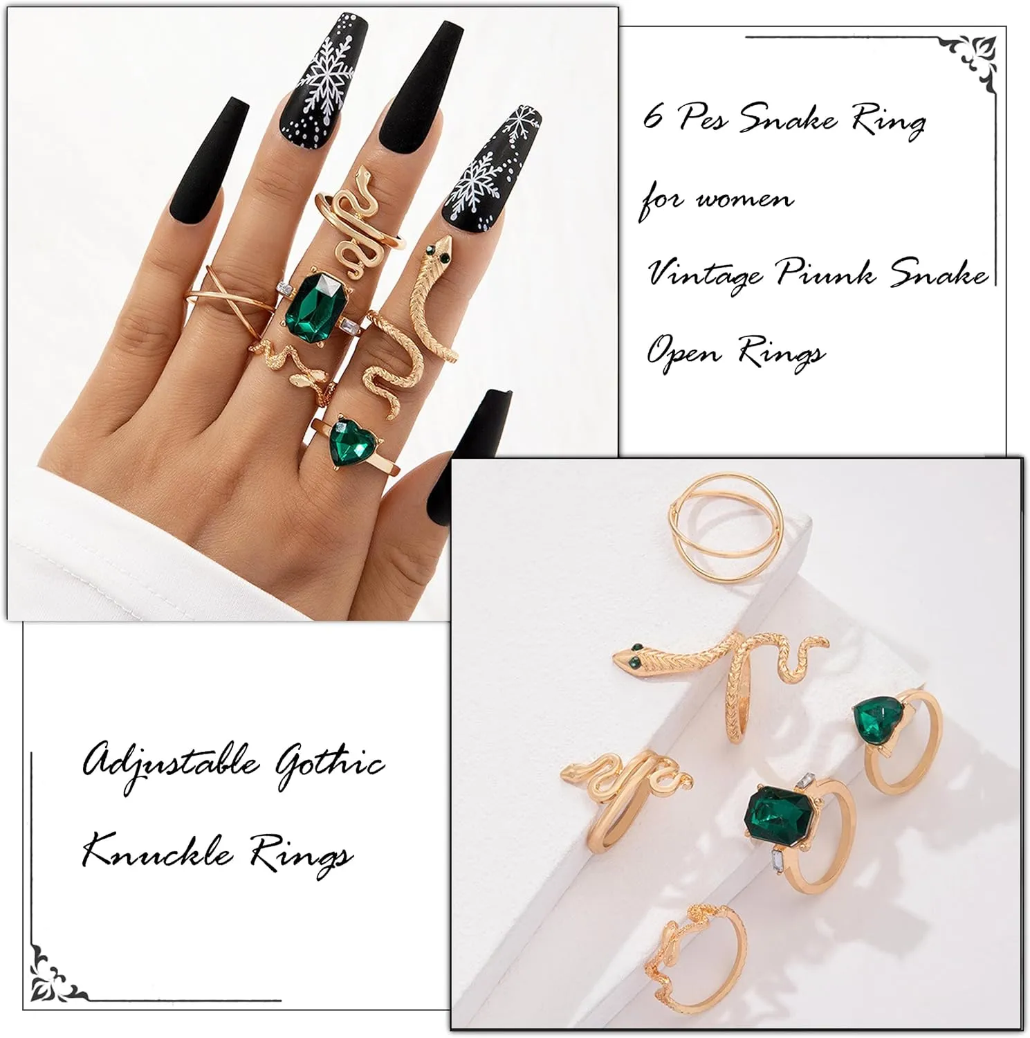 Frodete Snake Stackable Rings for Women Snake Jewelry Set Adjustable Vintage Reptile Serpent Rings Punk Goth Knuckle Rings Halloween Party Costume Accessories