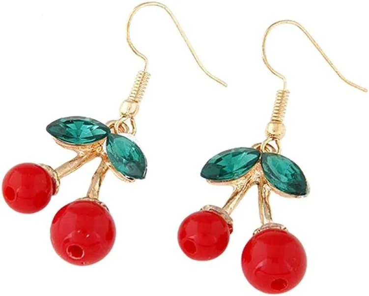 Fruit Cherry Earrings Cute Gold Plated Green Leaf Red Cherry Charm Dangle Drop Earrings Jewelry 3D Red Cherry Drop Earrings Crystal Rhinestone Sweet Small Fresh Fruit Cherry Shape Ear Earrings