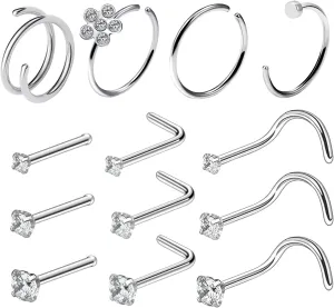 Ftovosyo 20G Surgical Steel Nose Rings Hoops for Women Men Cubic Zirconia Nose Piercing Jewelry L Shaped Nose Rings Studs Set
