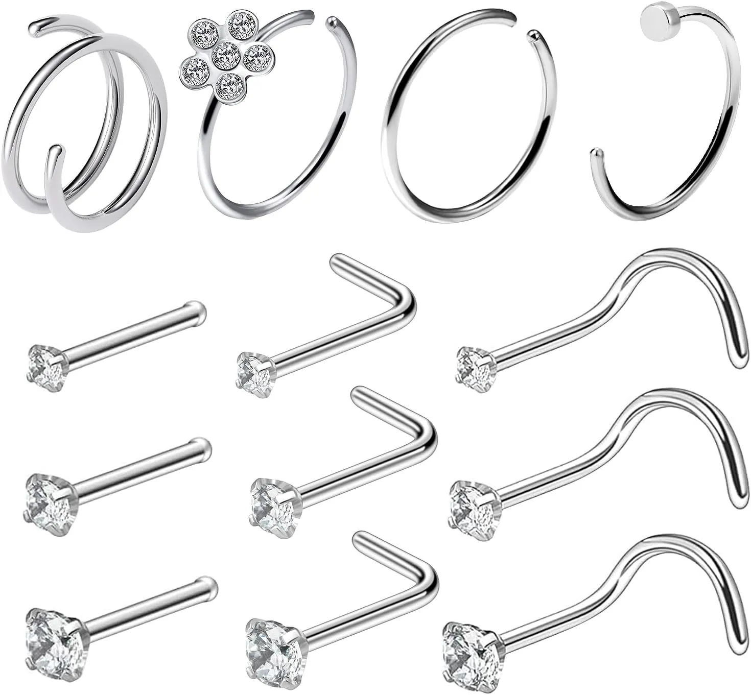 Ftovosyo 20G Surgical Steel Nose Rings Hoops for Women Men Cubic Zirconia Nose Piercing Jewelry L Shaped Nose Rings Studs Set