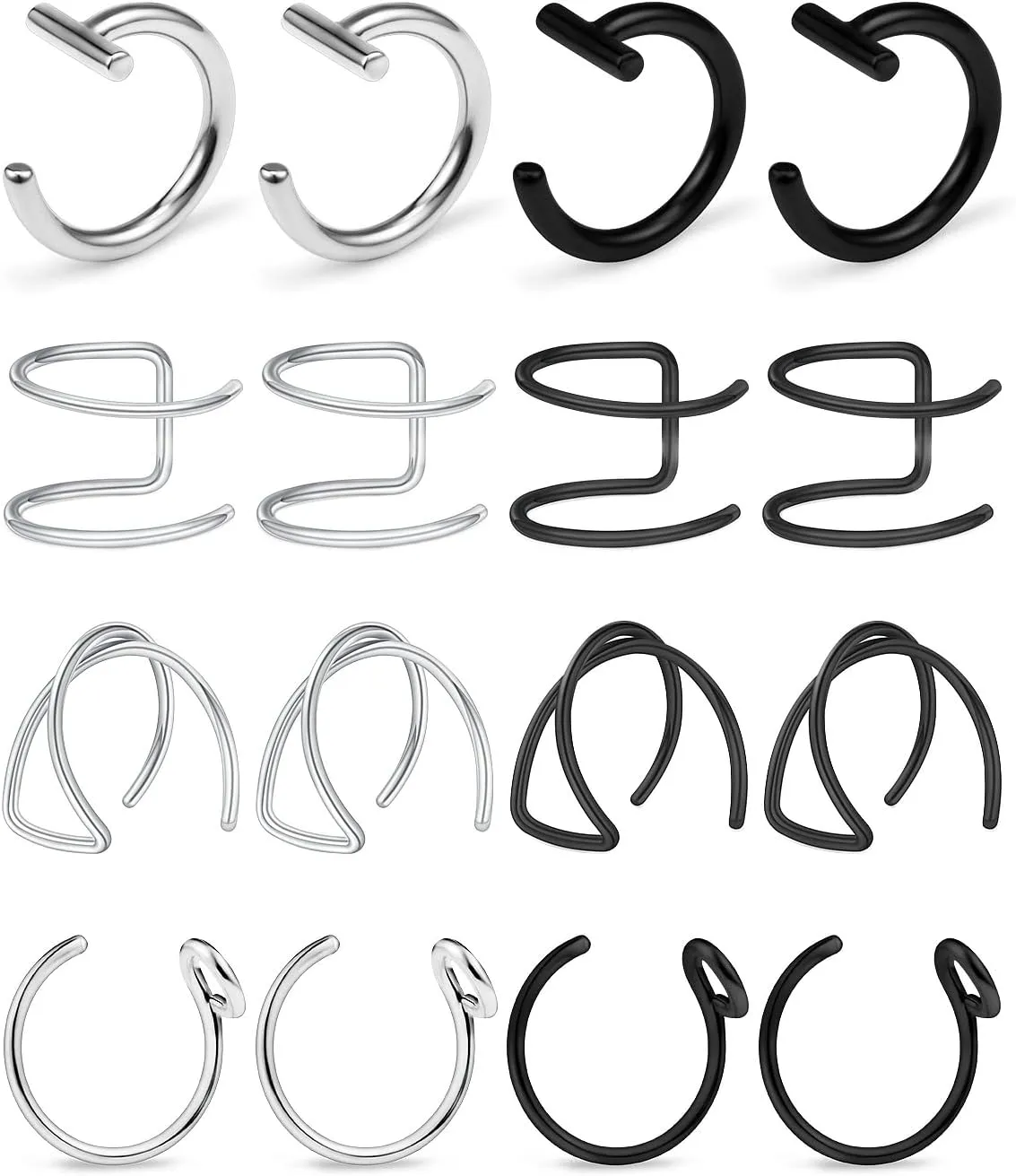 Ftovosyo Fake Lip Rings T Shaped Stainless Steel Gothic Clip on Non Piercing Nose Ring Double Cartilage Helix Earrings Ear Cuff for Women Men