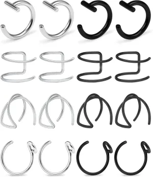 Ftovosyo Fake Lip Rings T Shaped Stainless Steel Gothic Clip on Non Piercing Nose Ring Double Cartilage Helix Earrings Ear Cuff for Women Men