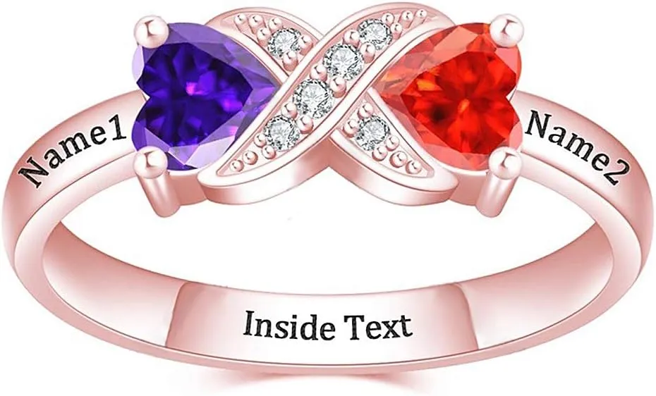 FUJIN Personalized Name Ring,Couples Unique and Heart Birthstones Name Ring,Jewelry for Wife Mom Girlfriend(Rose Gold)