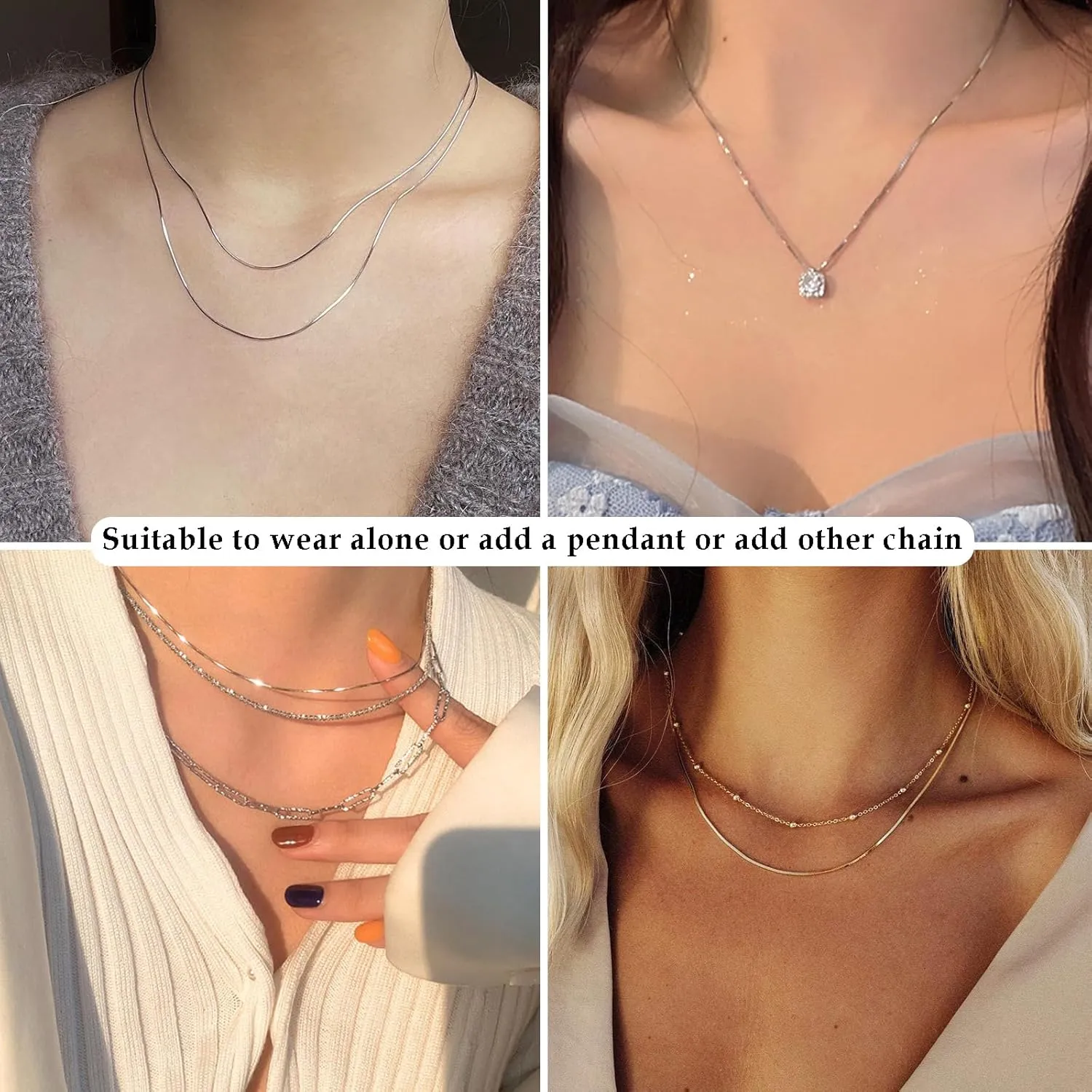 FUNEIA 925 Sterling Silver Necklace for Women Trendy Dainty Real Silver Chain Necklace Simple Thin Box Chain Beaded Chain Snake Chain Herringbone Necklaces Jewelry 14/16/18 Inch