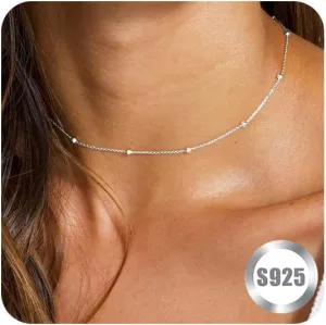 FUNEIA 925 Sterling Silver Necklace for Women Trendy Dainty Real Silver Chain Necklace Simple Thin Box Chain Beaded Chain Snake Chain Herringbone Necklaces Jewelry 14/16/18 Inch