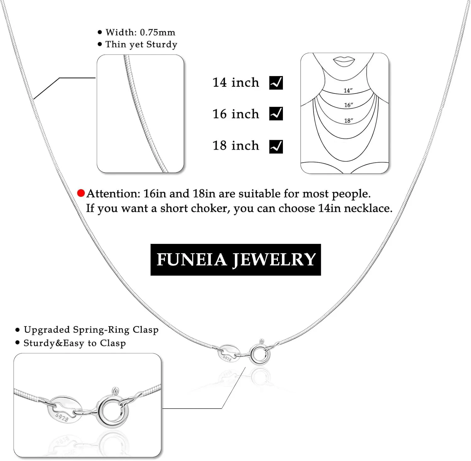 FUNEIA 925 Sterling Silver Necklace for Women Trendy Dainty Real Silver Chain Necklace Simple Thin Box Chain Beaded Chain Snake Chain Herringbone Necklaces Jewelry 14/16/18 Inch