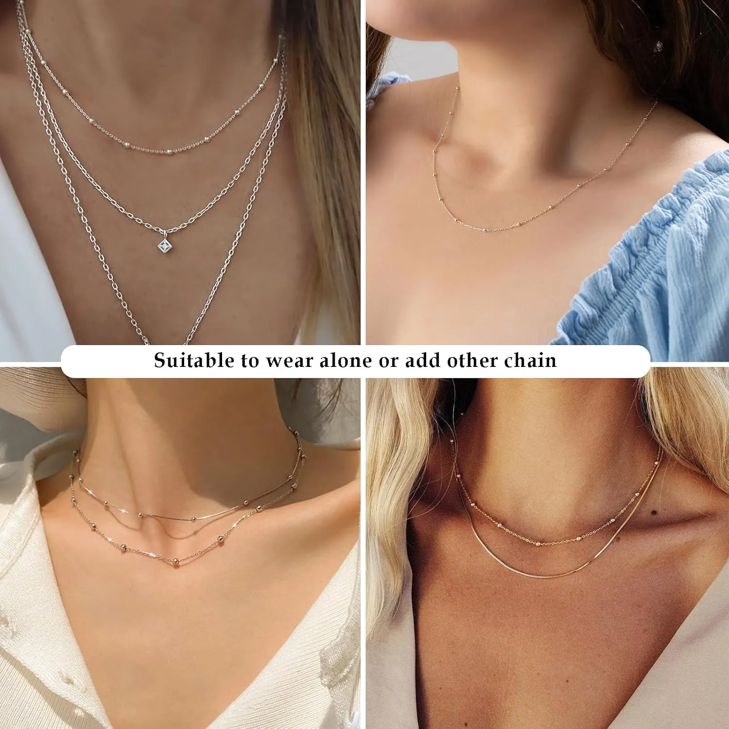 FUNEIA 925 Sterling Silver Necklace for Women Trendy Dainty Real Silver Chain Necklace Simple Thin Box Chain Beaded Chain Snake Chain Herringbone Necklaces Jewelry 14/16/18 Inch