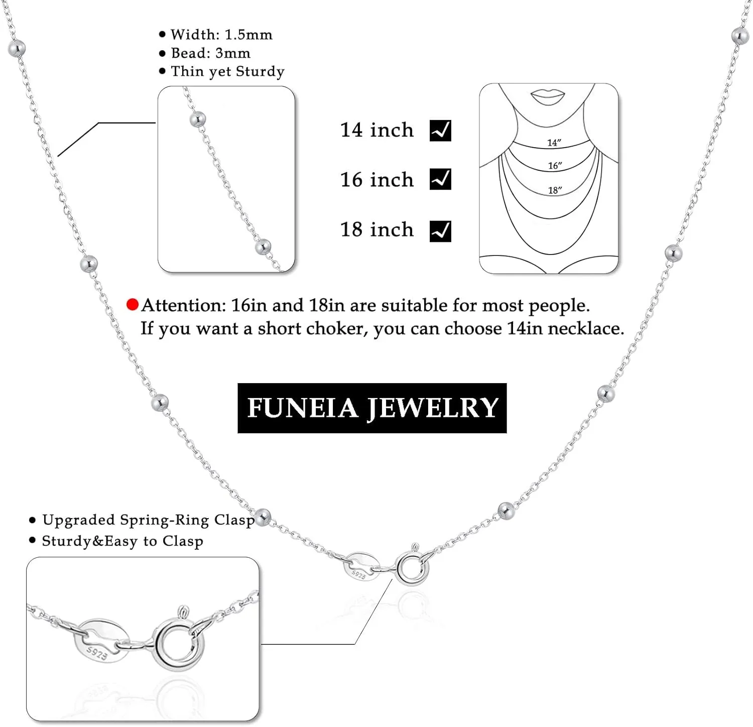 FUNEIA 925 Sterling Silver Necklace for Women Trendy Dainty Real Silver Chain Necklace Simple Thin Box Chain Beaded Chain Snake Chain Herringbone Necklaces Jewelry 14/16/18 Inch