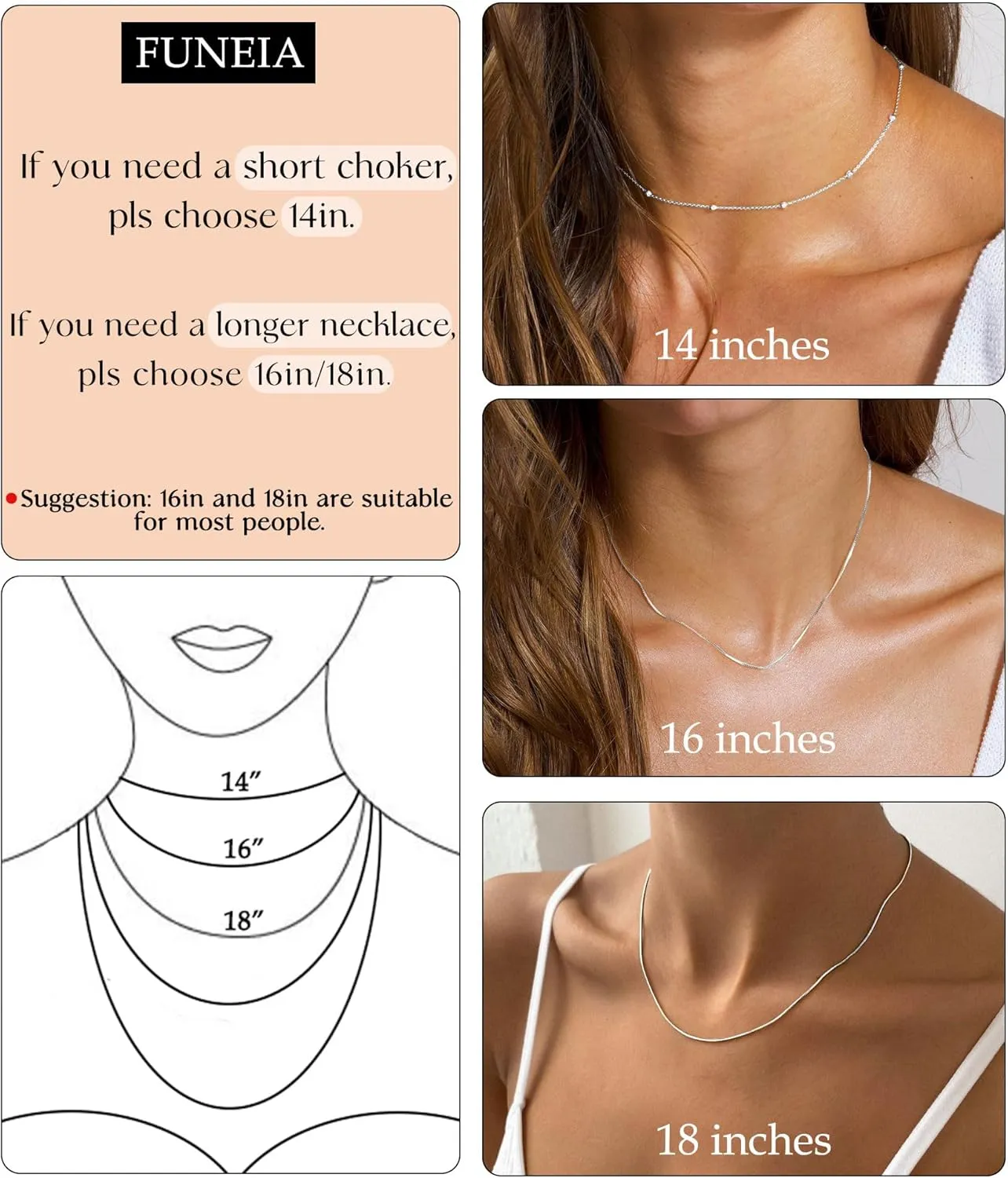 FUNEIA 925 Sterling Silver Necklace for Women Trendy Dainty Real Silver Chain Necklace Simple Thin Box Chain Beaded Chain Snake Chain Herringbone Necklaces Jewelry 14/16/18 Inch