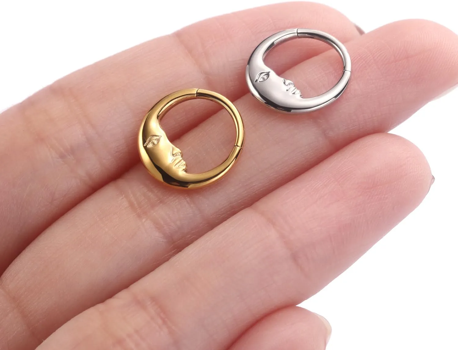 FUNLMO 16G Crescent Moon Face Septum Ring Nose Ring Daith Piercing Jewelry 316L Surgical Steel Septum Jewelry Unique Helix Tragus Piercing Jewelry Cartilage Earring