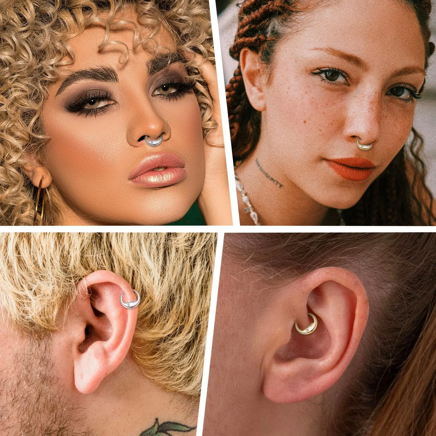 FUNLMO 16G Crescent Moon Face Septum Ring Nose Ring Daith Piercing Jewelry 316L Surgical Steel Septum Jewelry Unique Helix Tragus Piercing Jewelry Cartilage Earring