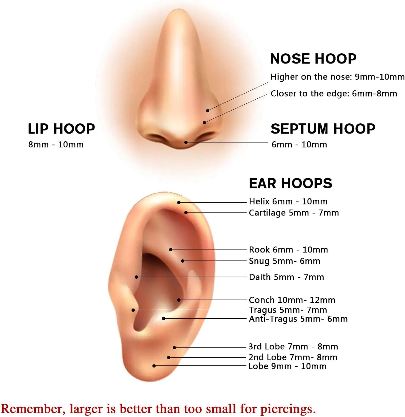 FUNLMO 20G 18G 16G 12G Nose Ring Hoop Conch Rook Daith Helix Tragus Piercing Jewelry 316L Surgical Steel Cartilage Earring Conch Hoop Earring Septum Jewelry Belly Lip Ring 5mm to 14mm
