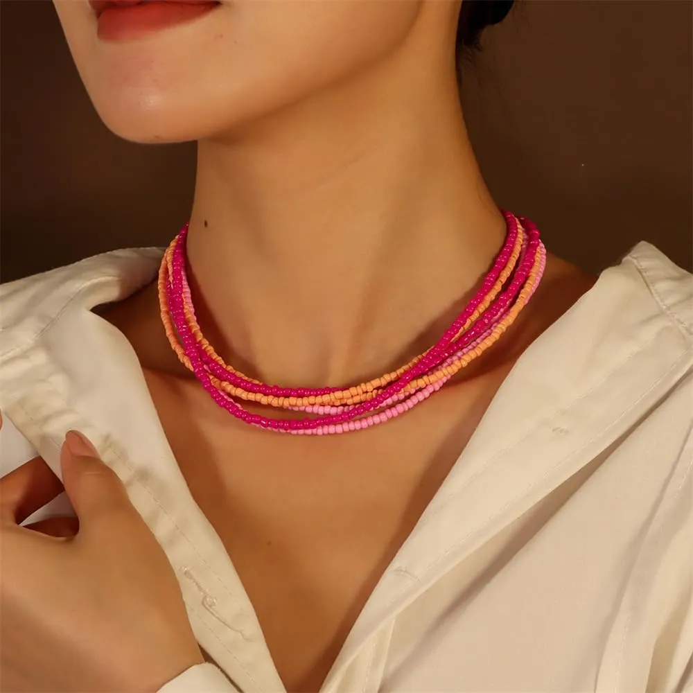 Fuqimanman2020 Boho Multilayer Bead Choker Necklace for Women Bohemian Colorful Rice Beads Stackable Necklace Vacation Jewelry Gift