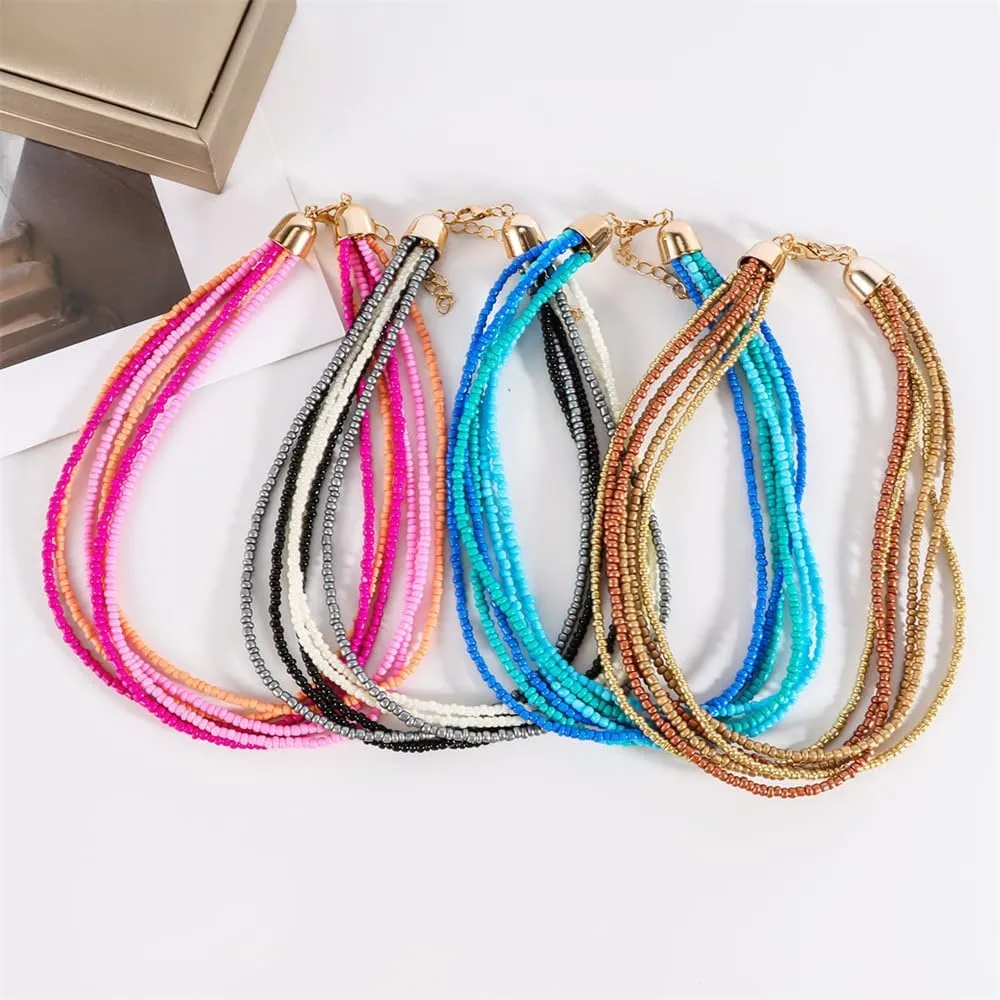 Fuqimanman2020 Boho Multilayer Bead Choker Necklace for Women Bohemian Colorful Rice Beads Stackable Necklace Vacation Jewelry Gift