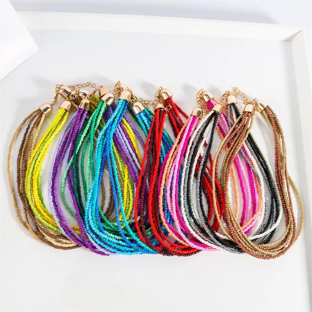 Fuqimanman2020 Boho Multilayer Bead Choker Necklace for Women Bohemian Colorful Rice Beads Stackable Necklace Vacation Jewelry Gift