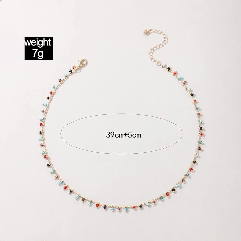 FUTIMELY Bohemia Green Beaded Beads Choker Necklace for Women,Simple Fresh Green Beaded Square Round Bead Choker Necklace