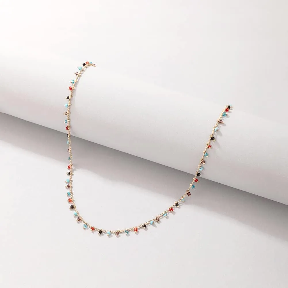 FUTIMELY Bohemia Green Beaded Beads Choker Necklace for Women,Simple Fresh Green Beaded Square Round Bead Choker Necklace