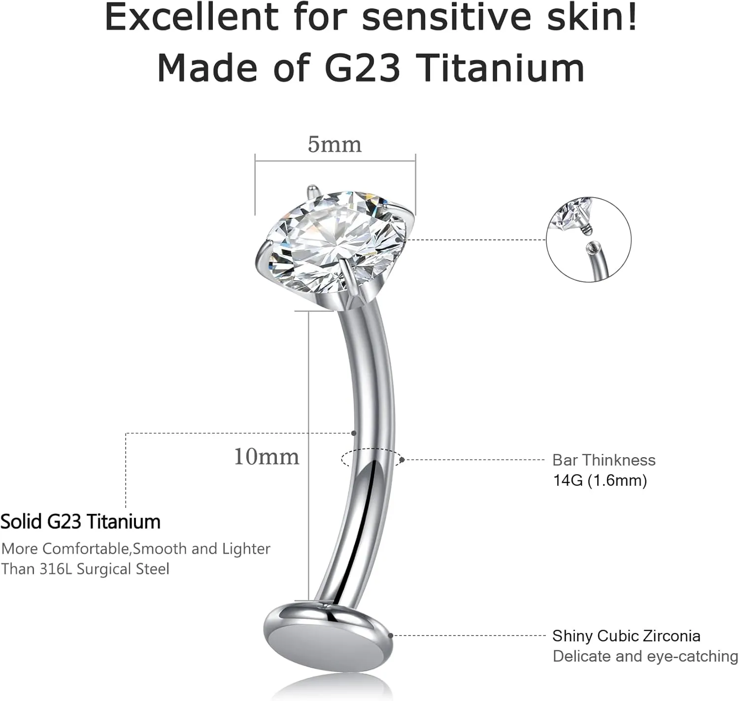 G23 Solid Titanium Belly Button Rings Internally Threaded Floating Belly Piercings 14G CZ Belly Navel Rings Jewelry for Women 10mm Belly Bars