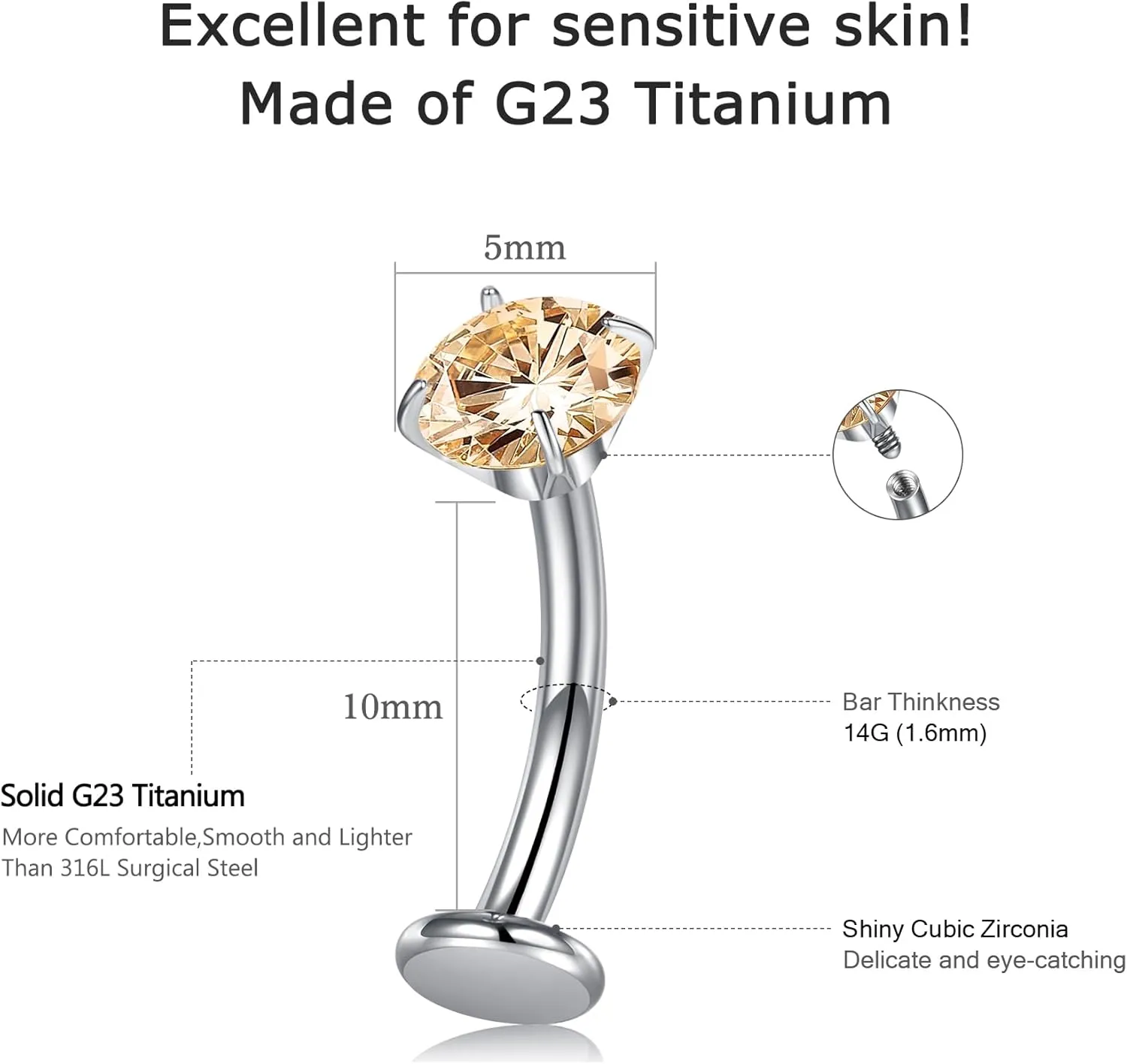 G23 Solid Titanium Belly Button Rings Internally Threaded Floating Belly Piercings 14G CZ Belly Navel Rings Jewelry for Women 10mm Belly Bars