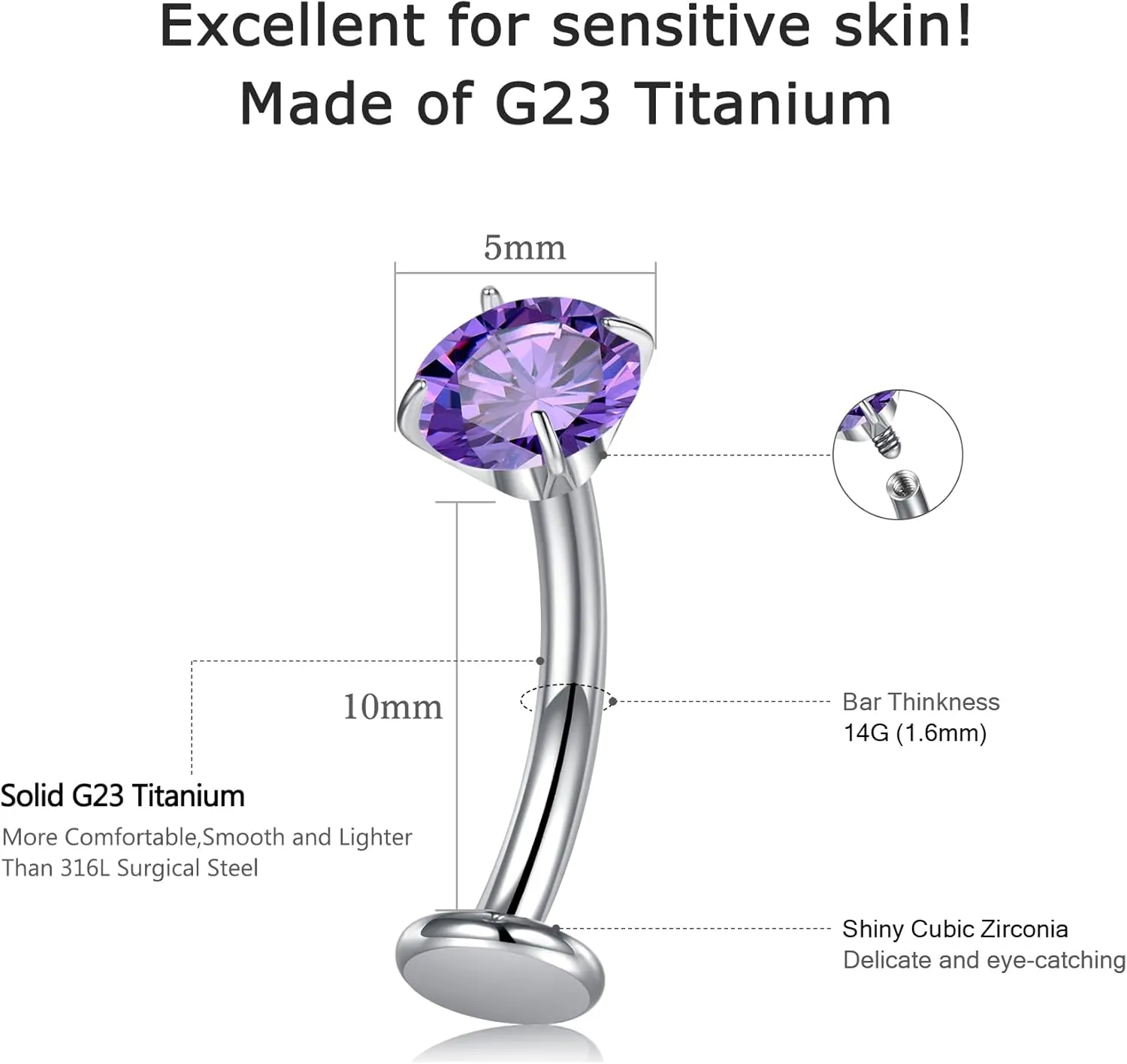 G23 Solid Titanium Belly Button Rings Internally Threaded Floating Belly Piercings 14G CZ Belly Navel Rings Jewelry for Women 10mm Belly Bars